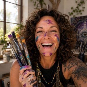 Anise Leader smiling in her art studio, holding paintbrushes with colourful paint on her face after a painting session.