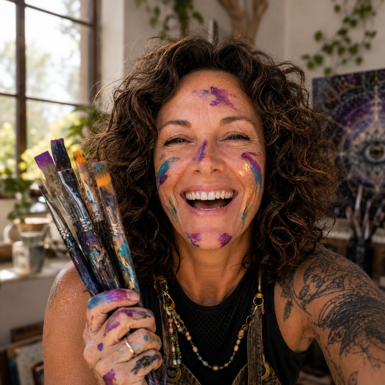 Anise Leader smiling in her art studio, holding paintbrushes with colourful paint on her face after a painting session.