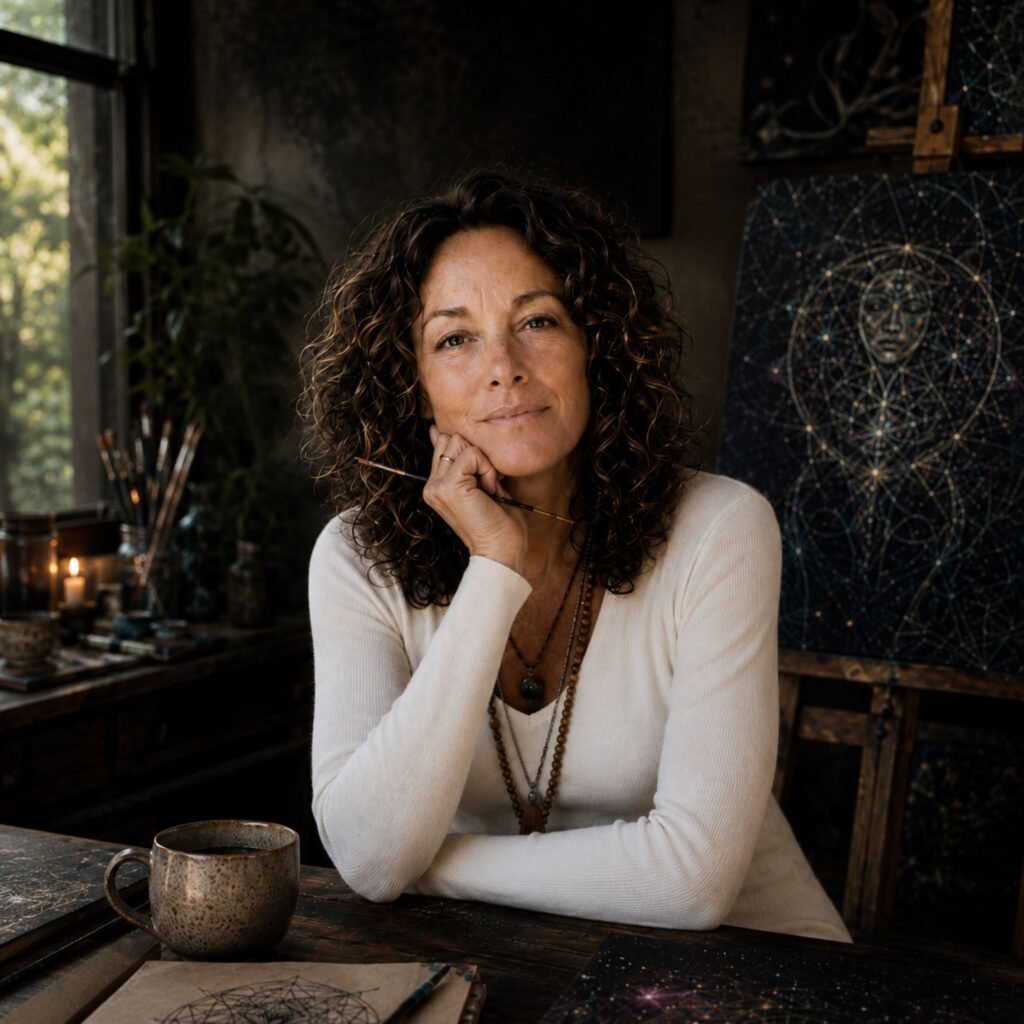 Anise Leader seated in her art studio with symbolic paintings and creative tools, reflecting on her work.