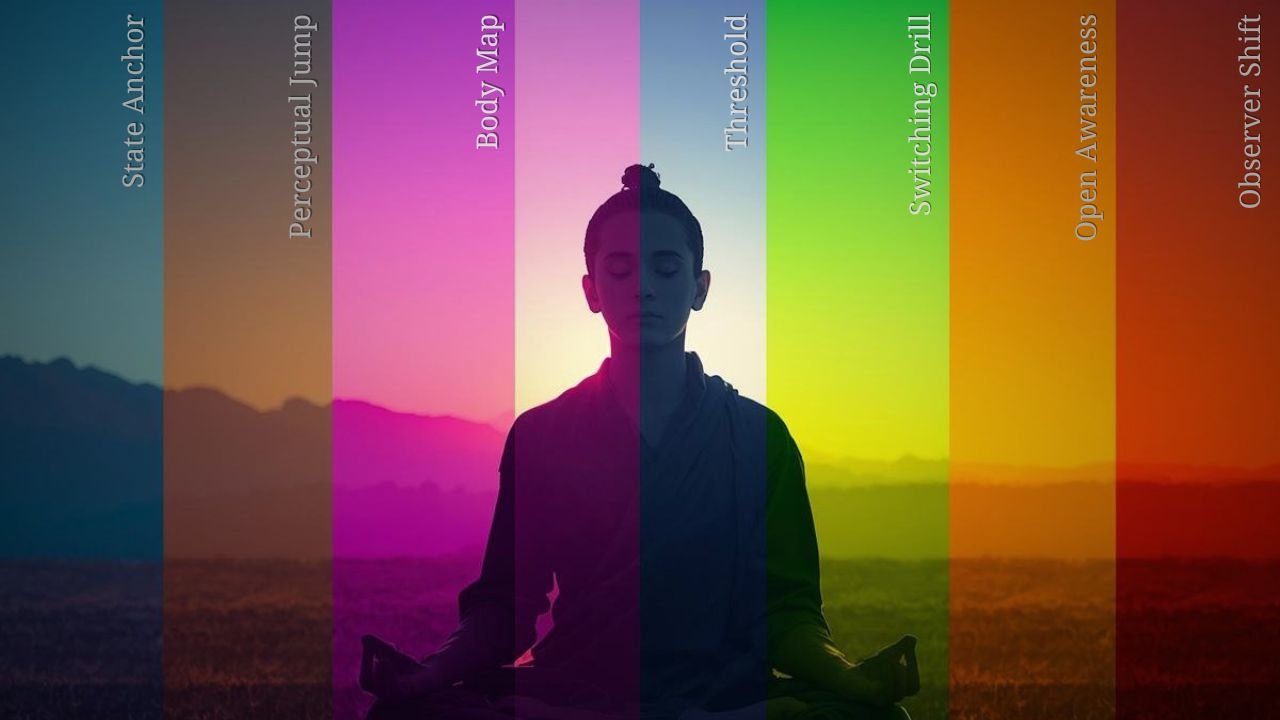 Flow of Consciousness artwork illustrating eight stages of conscious awareness, from State Anchor to Observer Shift, through a guided meditation and self-hypnosis framework.