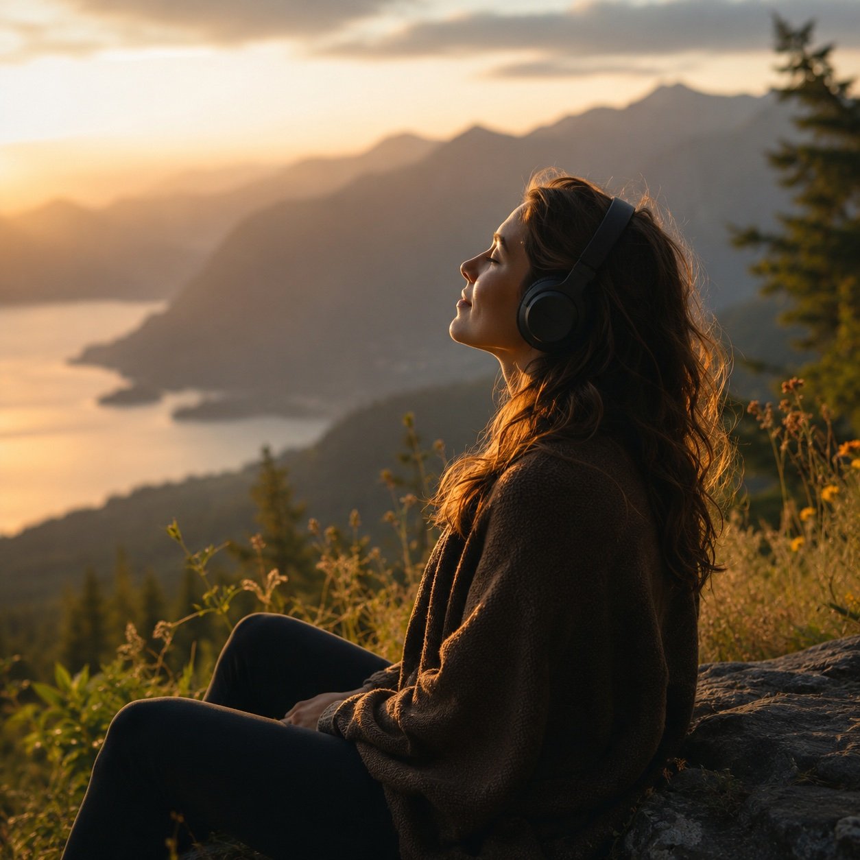 Woman wearing headphones in a peaceful mountain landscape, listening to a guided meditation while relaxing in nature.