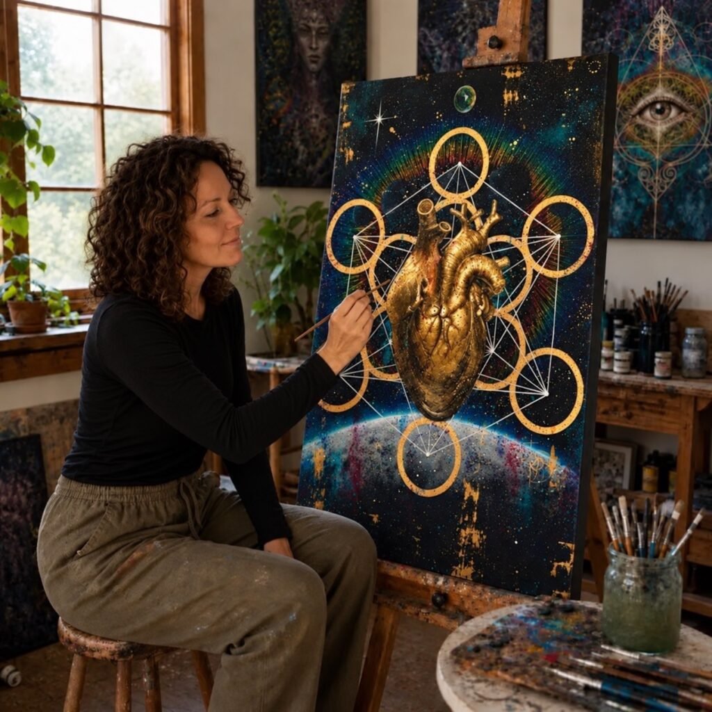 Artist Anise Leader painting sacred geometric artwork for Quantum Consciousness Cards™ in her studio.