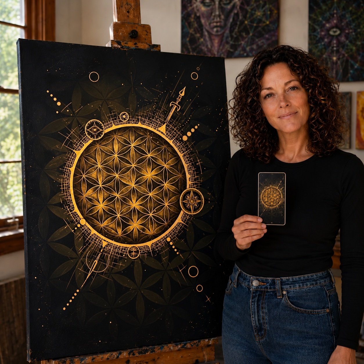 Anise Leader holding a Quantum Consciousness Cards™ card beside her original symbolic heart painting.