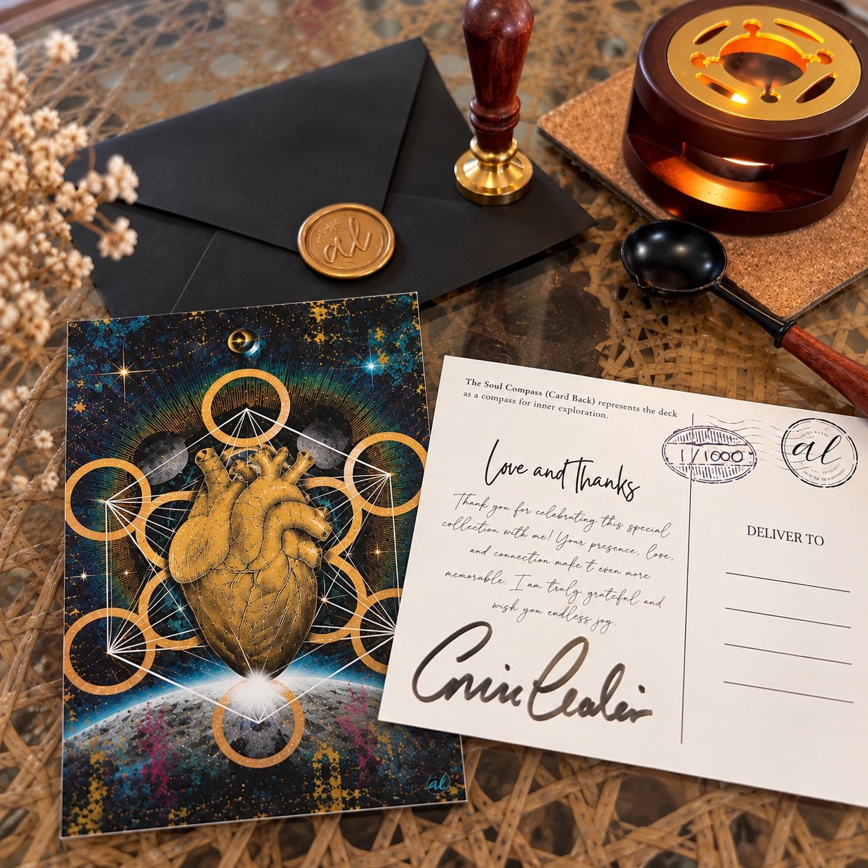 40 Sentient A6 limited collectible postcard presented with its black envelope and wax seal.