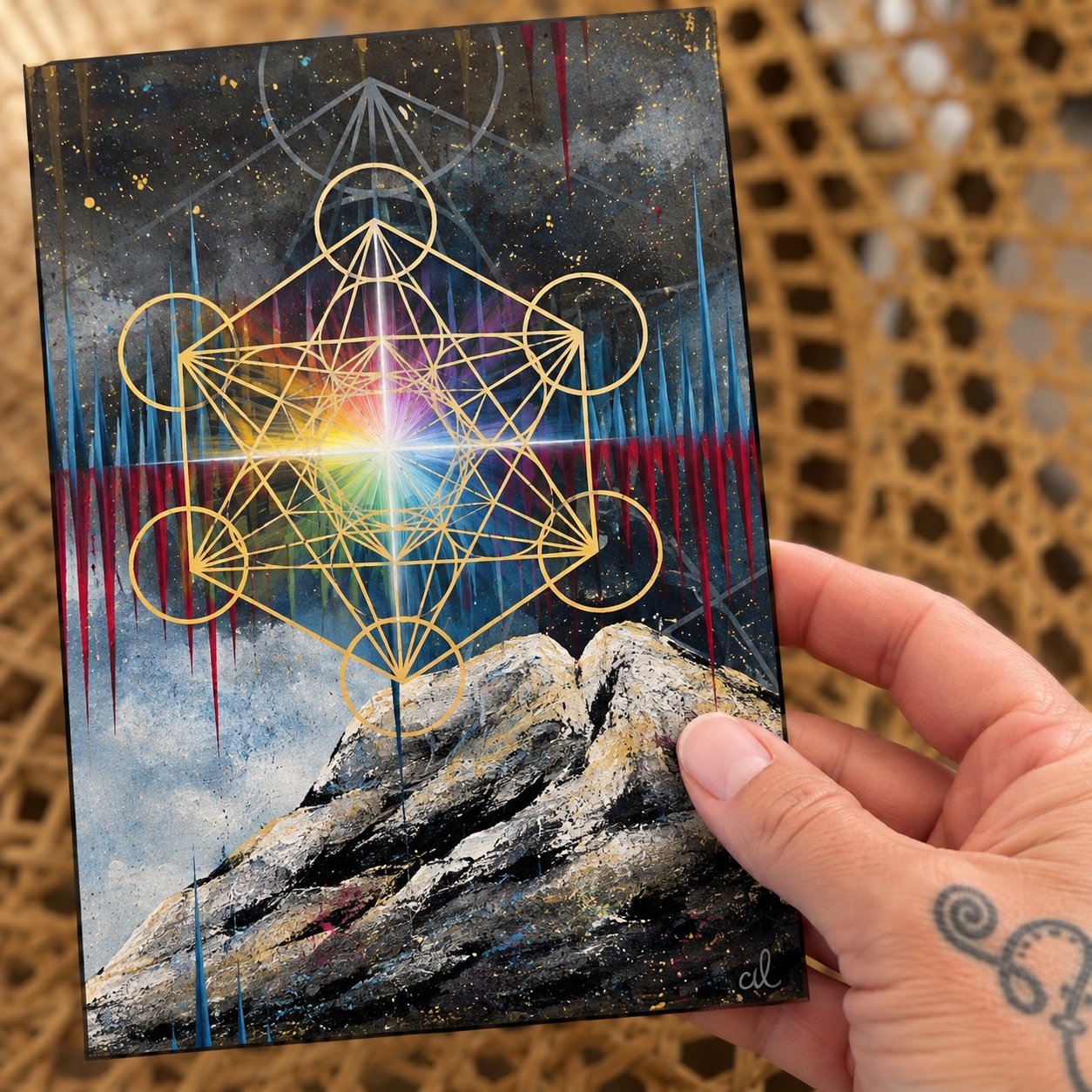 Home Master Card A6 limited collectible postcard featuring golden sacred geometry, a radiant multicoloured centre and a textured cosmic landscape, held in hand.