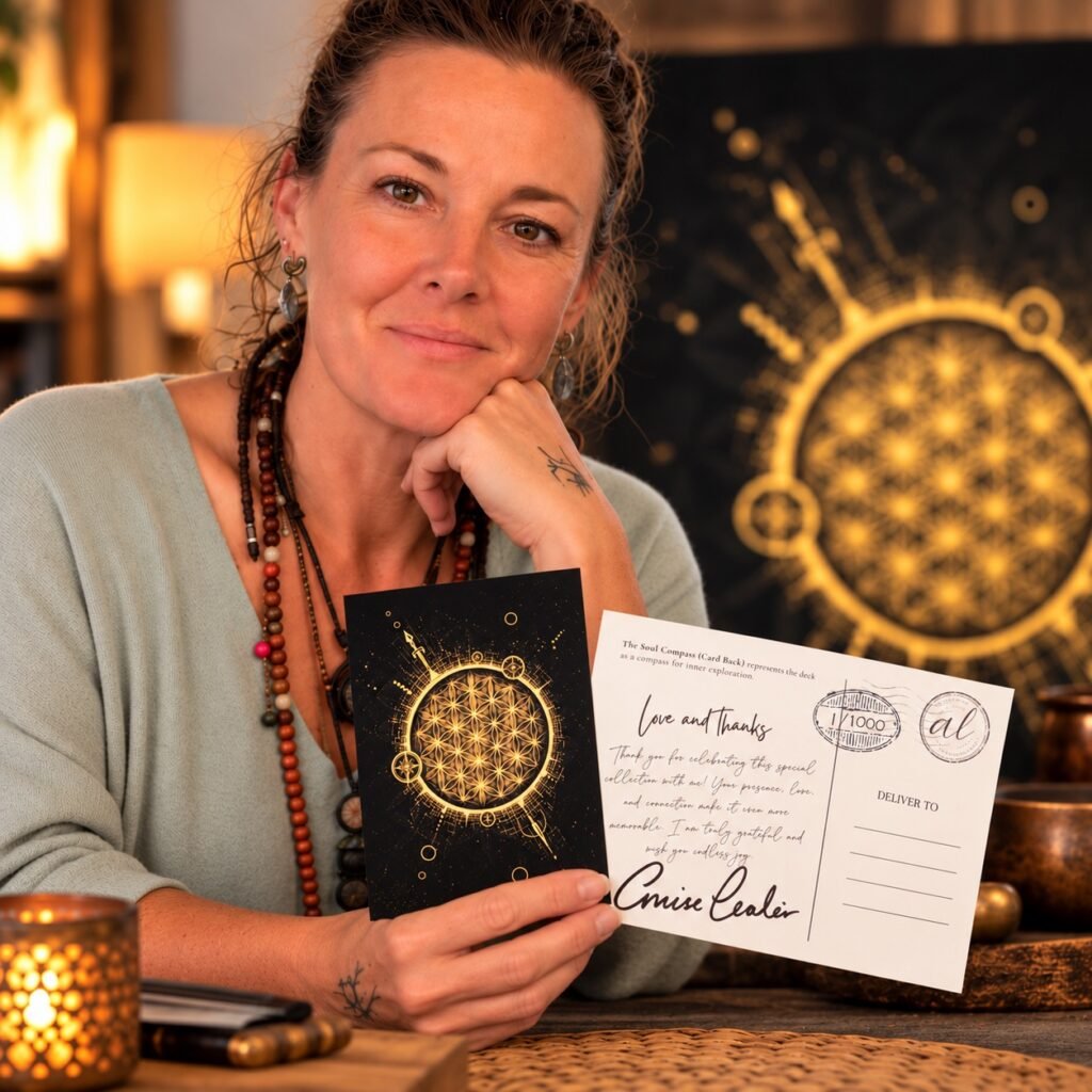 Artist holding the Soul Compass collectible postcard beside the original black and gold Quantum Consciousness artwork.