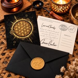 The Soul Compass collectible postcard, handwritten message card and black envelope with a gold limited-edition seal.