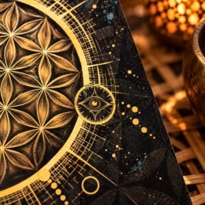 Close-up of gold sacred geometry, compass markings and eye symbolism on The Soul Compass artwork.