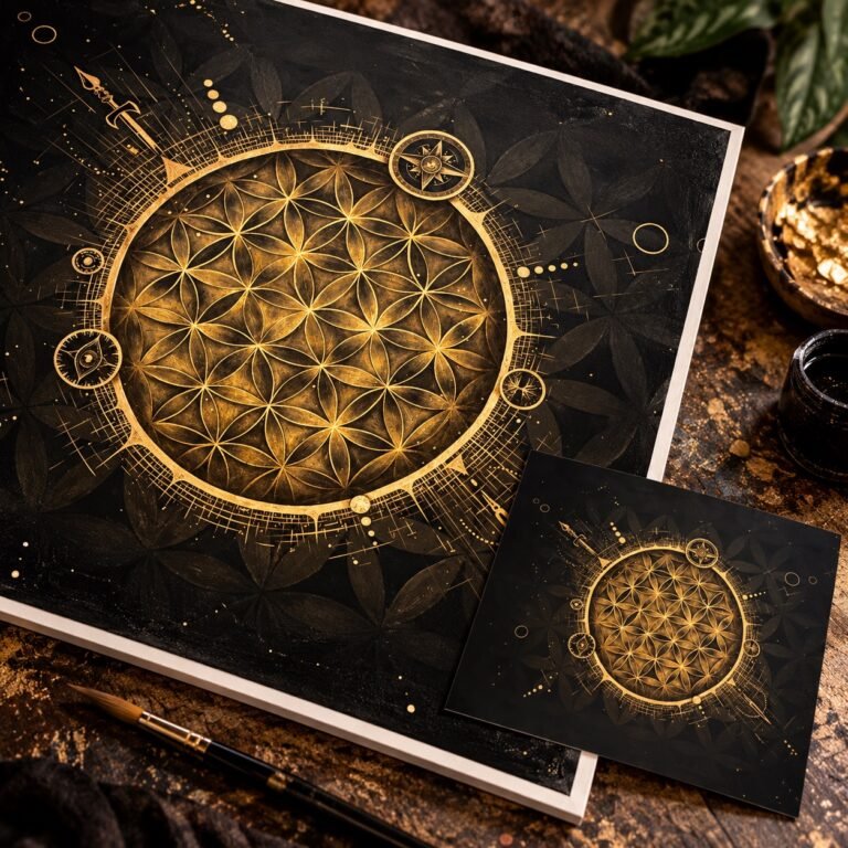 The Soul Compass original artwork with a white-bordered fine art print and borderless collectible postcard displayed together.