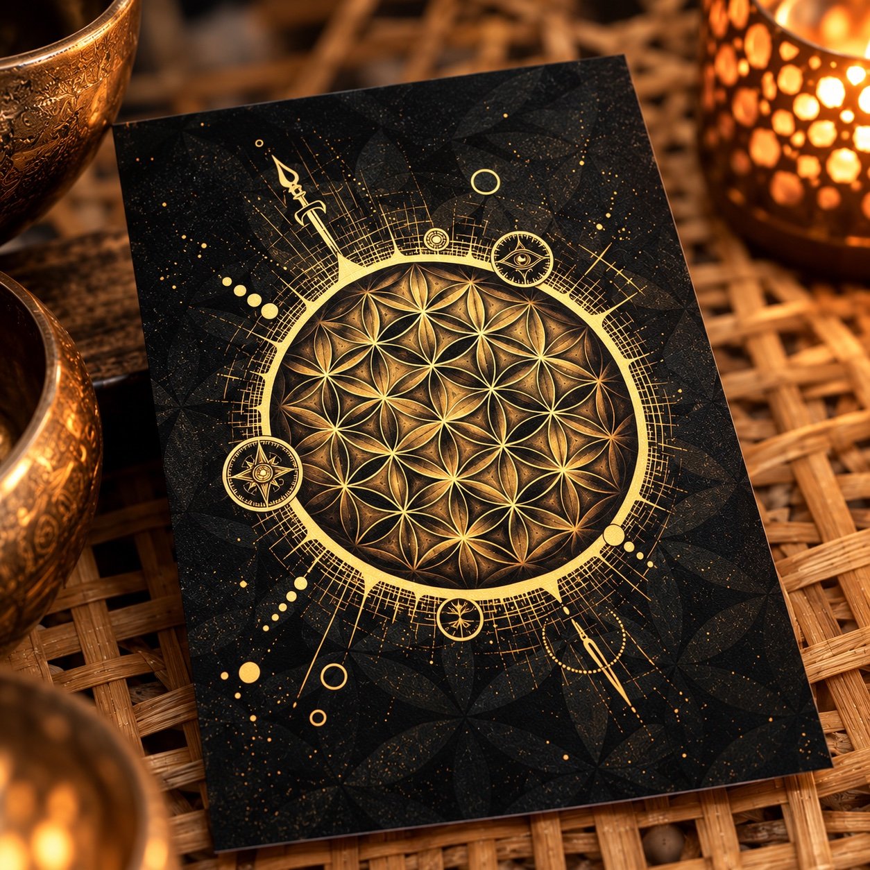 Black and gold Soul Compass artwork postcard featuring a luminous Flower of Life design, celestial symbols and compass details.