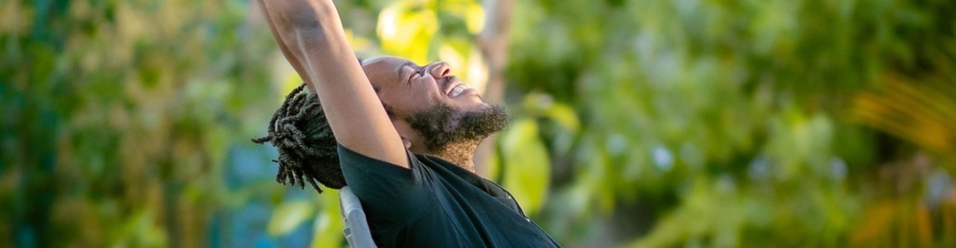 joy, fun, black man, man, garden, happy, dreadlocks, beard, life, living, nature, smile, stretch